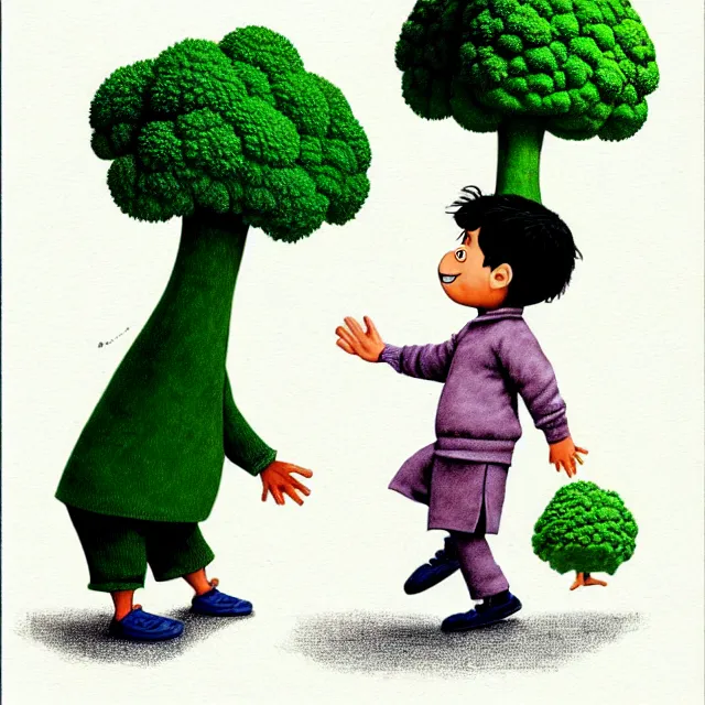 Prompt: professional kids book illustration of a Pakistani toddler boy walking beside a friendly anthropomorphic broccoli, best on artstation,, astonishing, impressive, outstanding, cheerful, stunning, masterpiece by Maurice Sendak and Bill Peet.