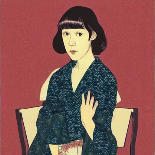 Image similar to “ maggie gyllenhaal portrait by ikenaga yasunari and ayana otake and ko rakusui, 6 0 s poster, drawing, realistic, sharp focus, japanese, dreamy, nostalgia, faded, golden hues, floral clothes, porcelain skin ”