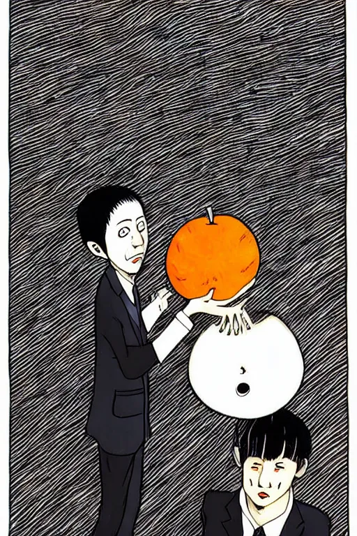 Prompt: junji ito illustration of a businessman with an orange fruit for a head