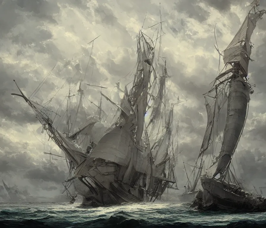 Prompt: a beautiful painting of a solitary monstrous sail ship anchored at harbor, by brom, trending on artstation, beastly, predator, organic, masterpiece, hyper detailed, intricate, multiple angles, unreal engine, 4 k