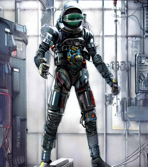 Image similar to realistic cyberpunk japanese engineer with long limbs and a black spacesuit welding a wall, techwear, dead space, visible face, Industrial Scifi, detailed illustration, character portrait, by Martin Grip and Moebius