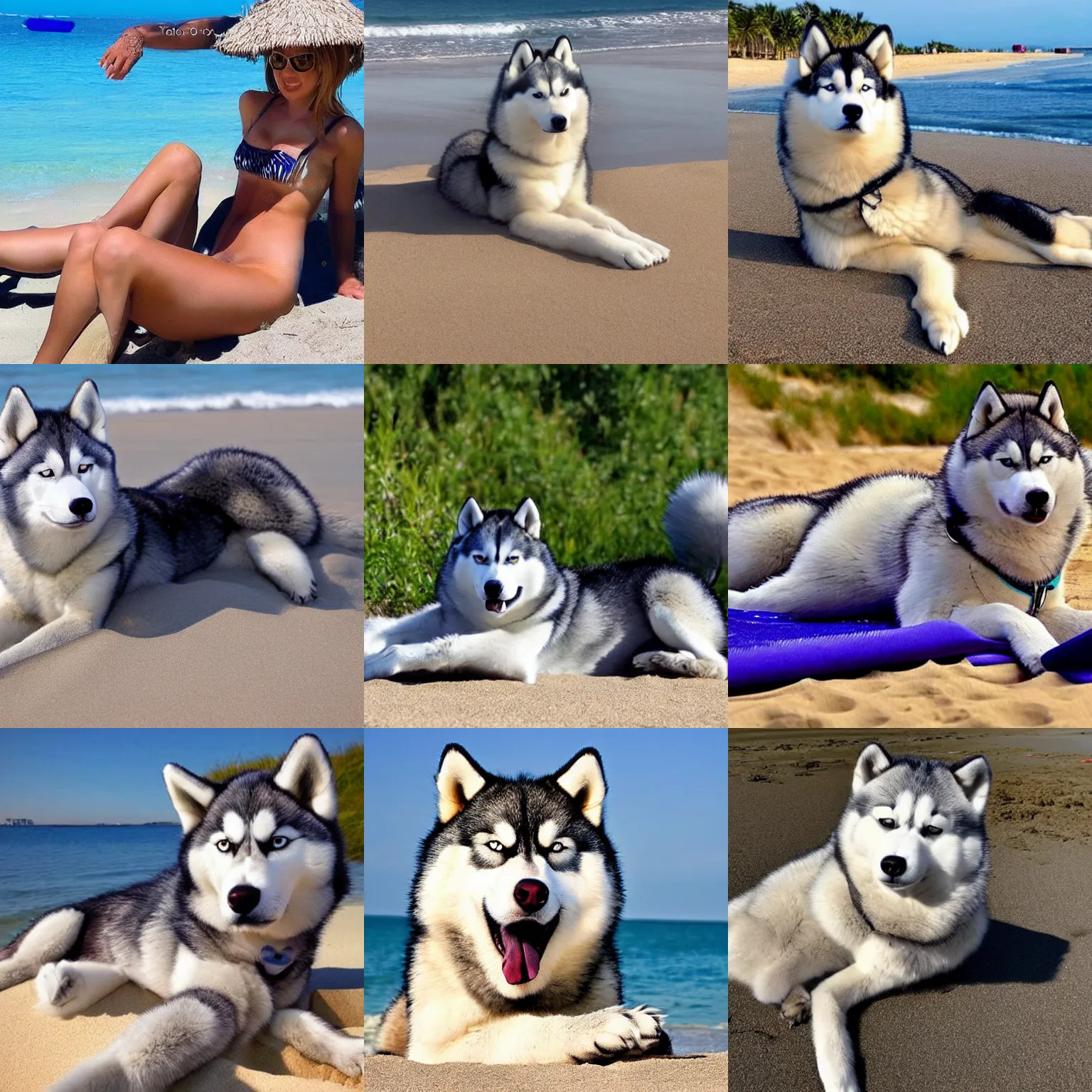 Prompt: beautiful gorgeous anthropomorphic husky furry fursona wearing a bikini sunbathing on a beach