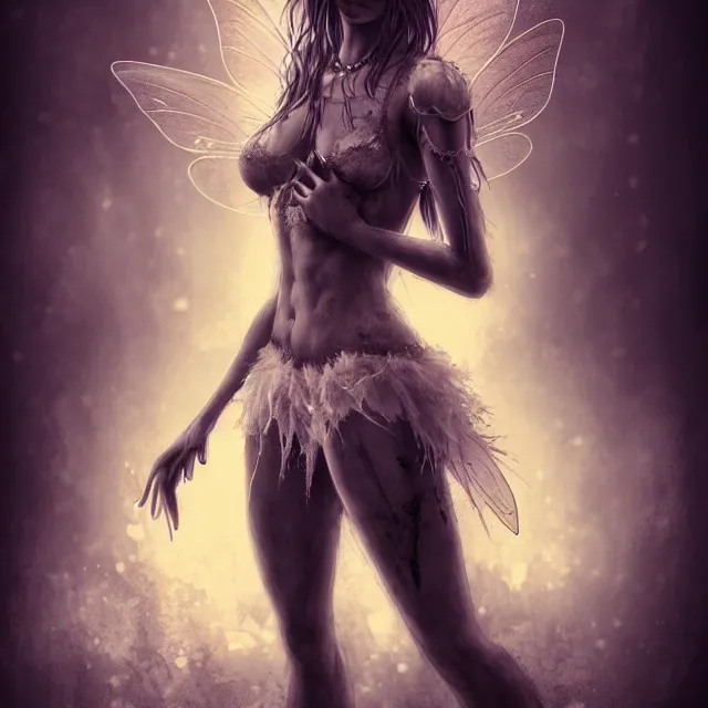 Image similar to full body pose, beautiful adult magical fairy, dirty, grungy, grunge, highly detailed, 4 k, hdr, smooth, sharp focus, high resolution, award - winning photo, artgerm, photorealistic