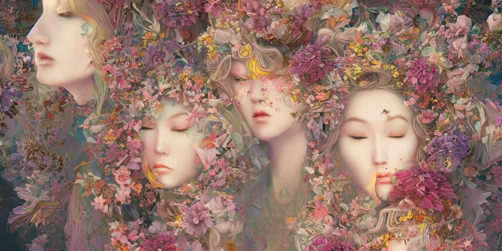 Image similar to breathtaking detailed concept art painting kaleidoscope art deco pattern of blonde faces goddesses amalmation flowers, by hsiao - ron cheng, bizarre compositions, exquisite detail, extremely moody lighting, 8 k