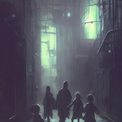 Prompt: dark alley full of homeless children being questioned by a futuristic cop, somber, by beksinski and jeremy mann and alphonse mucha and stan lee, fantasy art, photo realistic, dynamic lighting, artstation, poster, volumetric lighting, very detailed faces, award winning