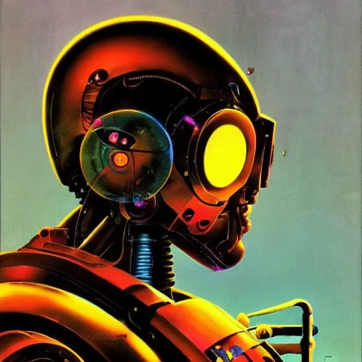 Image similar to a dark and colorful close - up side profile portrait of a sci - fi mecha robot with led lights glowing fog in the background. highly detailed science fiction painting by norman rockwell, frank frazetta, and syd mead. rich colors, high contrast, gloomy atmosphere, dark background. trending on artstation