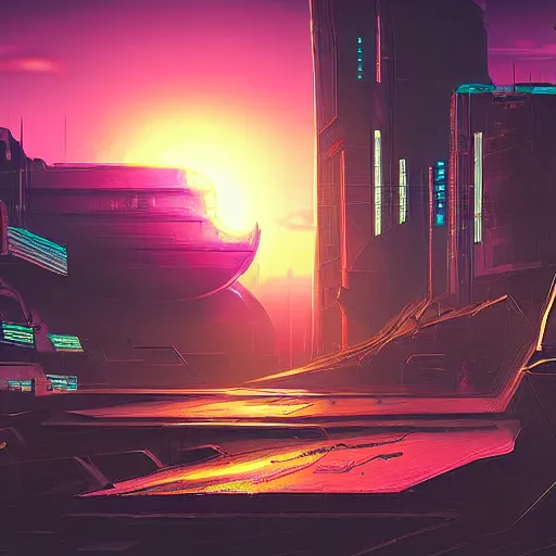 Image similar to cyberpunk world based on an island with sunset behind it