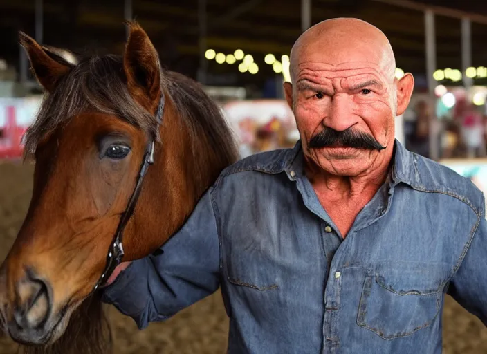 Image similar to photo still of charles bronson at the county fair!!!!!!!! at age 5 6 years old 5 6 years of age!!!!!!!! riding a small pony, 8 k, 8 5 mm f 1. 8, studio lighting, rim light, right side key light