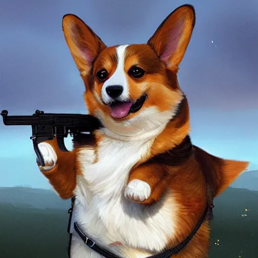 Prompt: a corgi shooting an ak 4 7 geog darrow greg rutkowski