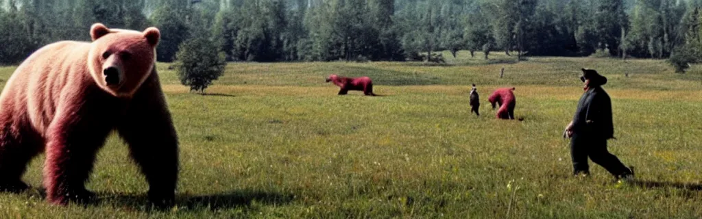 Image similar to people in pink bear suits being hunted by actual bears on a green meadow, movie still, by david lynch, by fellini, by terry gilliam, cinemascope