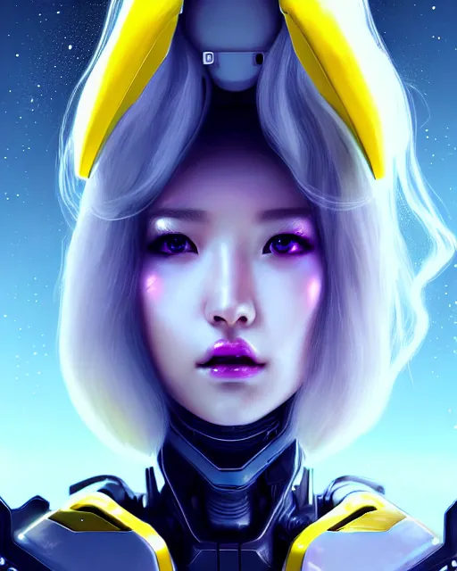 Image similar to perfect android girl family, full body character design, warframe armor, beautiful face, scifi, futuristic, galaxy, nebula, bae suzy, dreamy, long white hair!!!, yellow cyborg eyes, sharp focus, cinematic lighting, highly detailed, artstation, divine, by huifeng huang, smooth gradient.