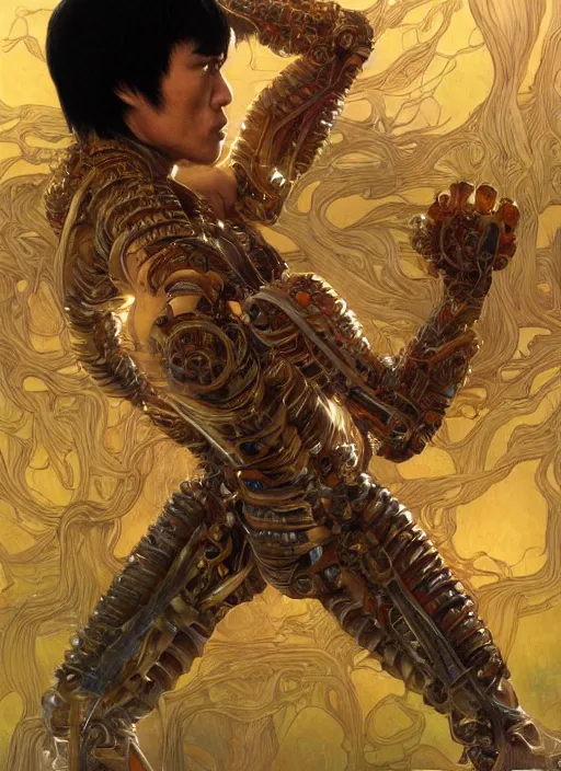 Image similar to bruce lee as a organic cyborg, diffuse lighting, fantasy, intricate, elegant, highly detailed, lifelike, photorealistic, digital painting, artstation, illustration, concept art, smooth, sharp focus, art by john collier and albert aublet and krenz cushart and artem demura and alphonse mucha