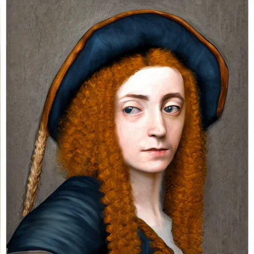 Image similar to https://i.pinimg.com/originals/8b/2b/3c/8b2b3c1c42721b1a61d595f3da14daf5.jpg Extremely detailed photo realistic matte portrait painting of winking 15th Century Barbary Coast pirate Woman with Ginger hair and Golden hooped earrings photography by Steve McCurry