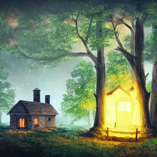 Prompt: cottage surrounded by trees, it is night, the windows are lit, concept art, low fantasy