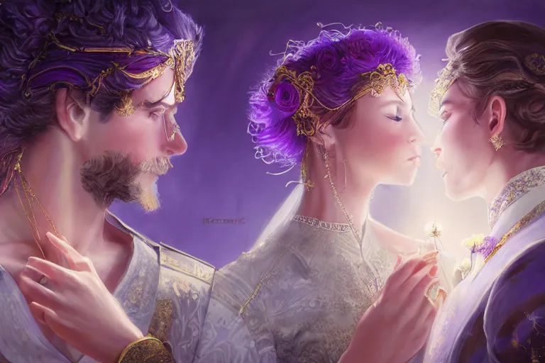 Image similar to a dreamlike cinematic portrait of wedding photograph close up moment of a divine a russia sun god and moon goddess lovers magician at a wedding banquet. portraiture. digital painting. artstation. concept art. fantasy wedding photo. digital painting, 8 k realistic, hyper detailed, violet evergarden art masterpiece by art by krenz cushart