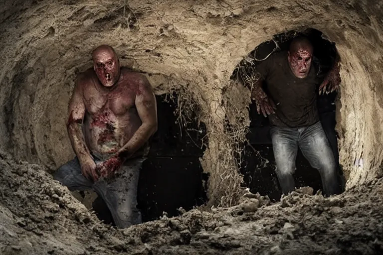 Prompt: zombie Dean Norris coming out of a tomb, movie still, photorealistic, clean composition, real shot