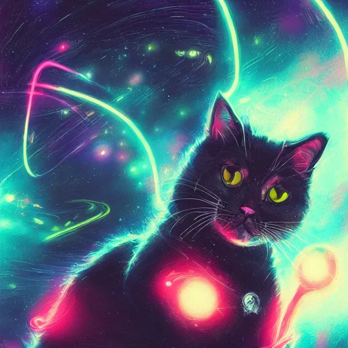 Image similar to cinematic portrait of a cute cat in space, neon lasers, chalk, masterpiece, trending on artstation, featured on pixiv, cinematic composition, dramatic pose, beautiful lighting, sharp details, hyper - detailed, hd, hdr, 4 k, 8 k, art by basil gogos