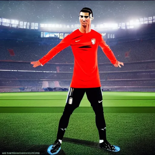 Image similar to cristiano ronaldo with futurist soccer outfit in a stadium with neon, night, cyberpunk, realistic, beautiful, fantasy