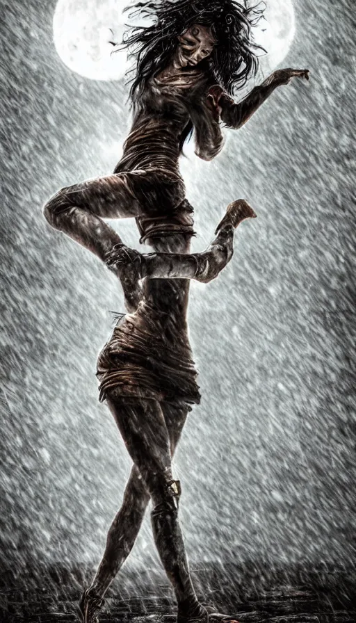 Prompt: woman dancing in the rain, post apocalyptic, horror, hyperdetailed, hyperrealistic, nature, soma game art style, midnight, full moon