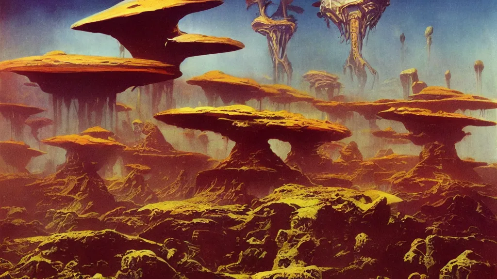 Image similar to surreal eerie alien planet empire by frank frazetta and bruce pennington, cinematic matte painting