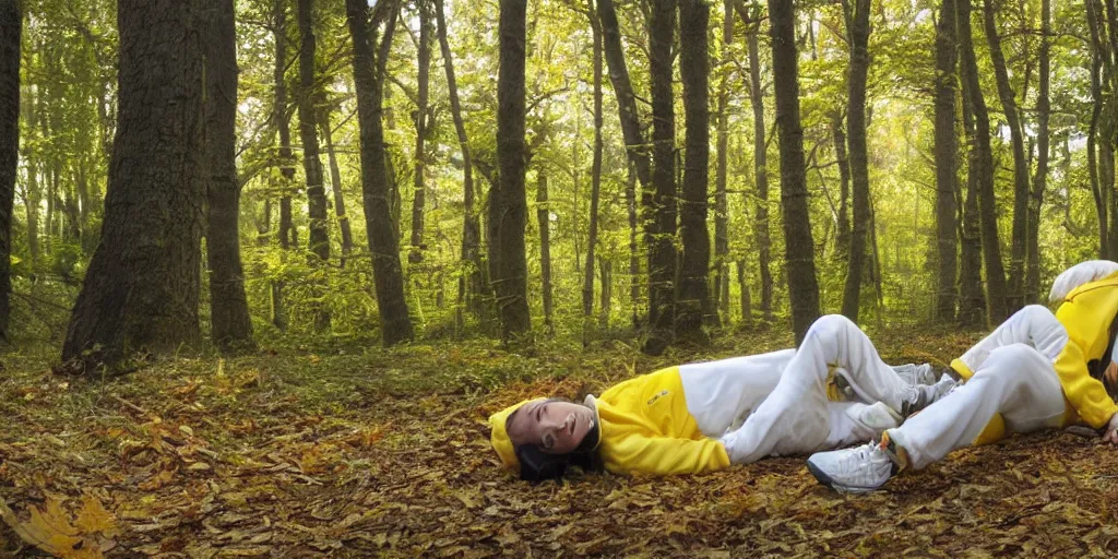 Image similar to female laying down wearing yellow velor sweat suit and dirty heavily worn white keds slip on tennis shoe with toes pointing up covered by dark colored leaves and twigs from the calf and up in eery forest with lots of dark colored leaves and foliage, sunlight streaming down, highly detailed, unreal engine