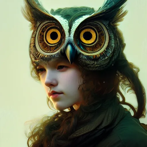 Prompt: A girl wearing an owl mask, face, detailed, intricate, elegant, highly detailed, digital painting, artstation, concept art, smooth, sharp focus, illustration, art by Krenz Cushart and Artem Demura and alphonse mucha