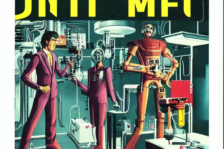 Prompt: 1979 OMNI Magazine Cover depicting Dr Jeckyll and an evil robotic Mr Hyde standing in a laboratory. Cyberpunk Akira style by Vincent Di Fate