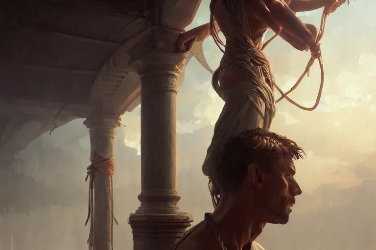 Image similar to a man tied to a pillar, highly detailed, hyperrealistic digital painting, artstation, concept art, smooth, sharp focus, illustration, cinematic lighting, art by artgerm and greg rutkowski and alphonse mucha