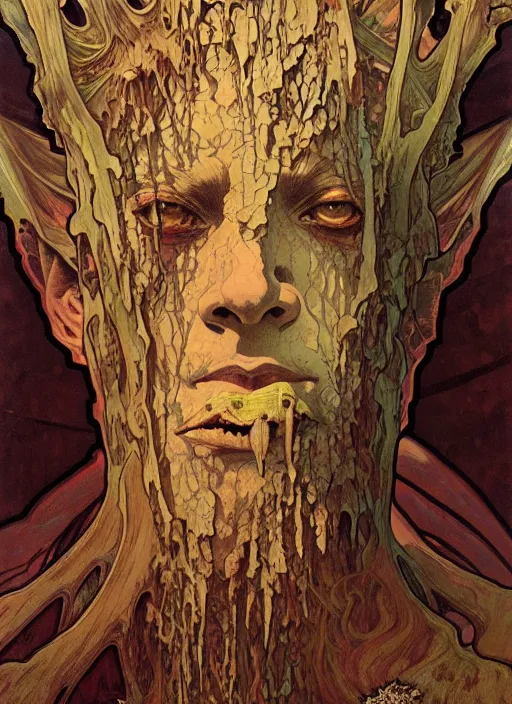 Image similar to close up portrait of a monster tree in the scary mountains of hell, oil painting by tomasz jedruszek and alphonse mucha, cinematic lighting, pen and ink, intricate line, hd, 4 k, million of likes, trending on artstation