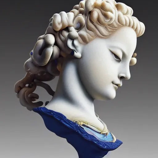 Image similar to Sculpture. A beatiful portrait of a young woman, pictured from the shoulders up, wearing a pearl necklace and earrings. She has blonde hair that is styled in loose curls, and she is looking to the side with a soft expression. cool indigo by Katsushika Hokusai, by Mat Collishaw robust