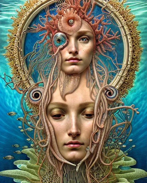 Image similar to hyperrealistic detailed underwater face portrait of the beautiful goddess of the fish skeletons with an intricate headgear of corals, sea kelp, sea plants, fish, starfish, jellyfish, art by ernst haeckel, john william godward, android jones, alphonso mucha, gothic - cyberpunk, ornamental, beautiful deep colours,