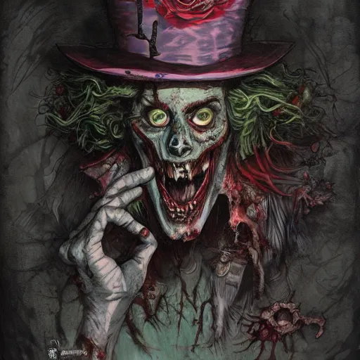 Image similar to Zombie mad hatter, detailed intricate ink illustration, dark atmosphere, detailed illustration, hd, 4k, digital art, overdetailed art, concept art, by greg rutkowski, by loish, complementing colors, Trending on artstation, deviantart