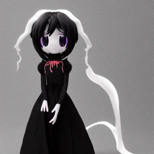 Image similar to cute fumo plush of a pure vantablack arachnid girl with a white glowing heart, lens flare, gothic regal, vray, girl with a guilty heart, webs