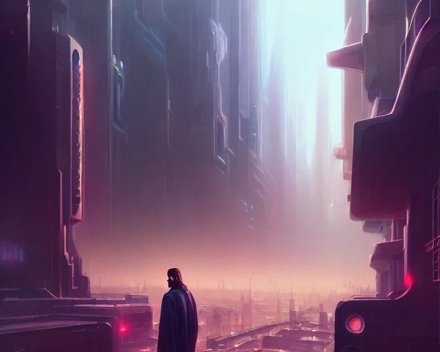 Prompt: jesus christ in futuristic city, detailed intricate illustration, dark atmosphere, detailed illustration, hd, 4 k, digital art, overdetailed art, by greg rutkowski, by loish, complementing colors, trending on artstation, deviantart