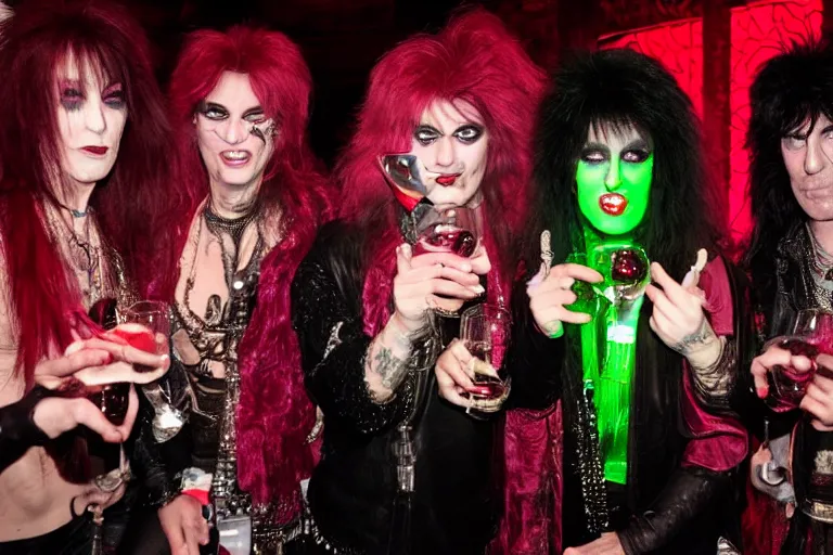 Prompt: glam rockers drinking brutal and raw wine, inside a green room with red lights in renaissance style