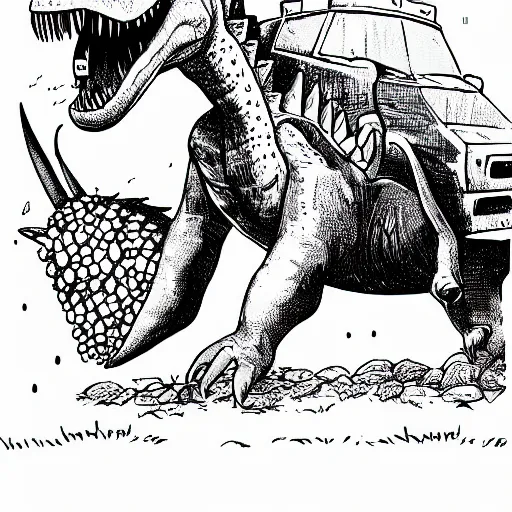 Image similar to super detailed illustration of a police officer and a dinosaur kissing in a war zone