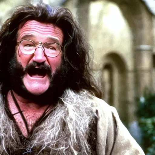 Image similar to Robin Williams playing Hagrid in Harry Potter, screenshot