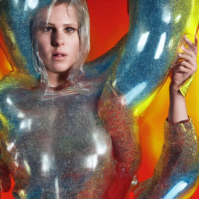 Image similar to octane render portrait by wayne barlow and carlo crivelli and glenn fabry, a woman wearing a giant inflated clear plastic suit full of colorful thick fluid containing glitter, inside an underground soviet dance club, fog and atmospheric lighting, cinema 4 d, ray traced lighting, very short depth of field, bokeh