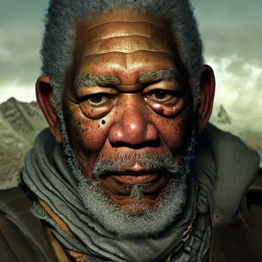 Image similar to morgan freeman starring as gimli in lord of the rings, high detail shot, smoking, render, cgsociety, photorealism