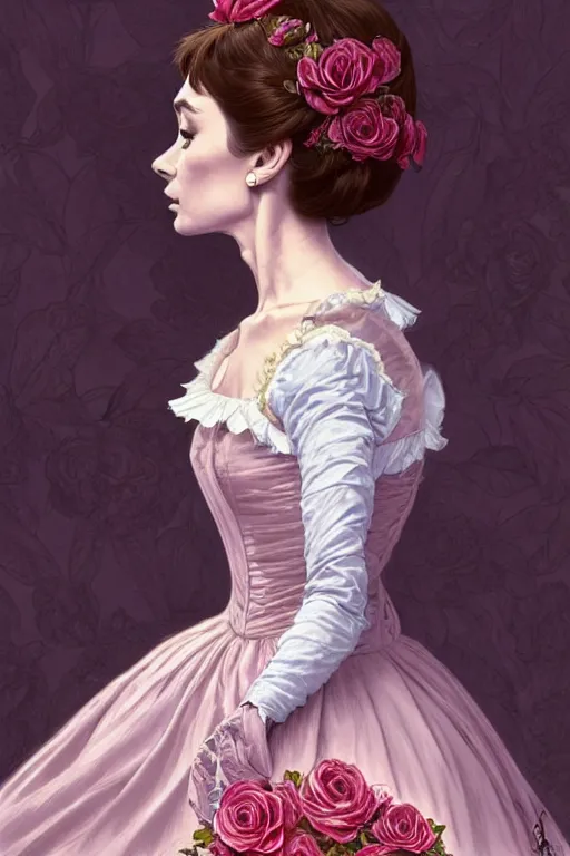 Image similar to audrey hepburn dressed in a victorian roses dress fashion, D&D, fantasy, intricate, elegant, highly detailed, digital painting, artstation, concept art, matte, sharp focus, illustration, art by Artgerm and Greg Rutkowski and meredit frampton and Alphonse Mucha