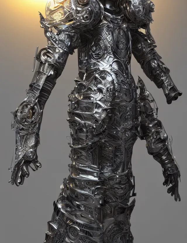 Prompt: full body shot, digital realistic 3 d rendering of a futuristic high tech fused with medieval armor spacepunk intricate armor holy paladin with light powers and intricate head armor, highly detailed, 4 k, hdr, smooth, sharp focus, high resolution, award - winning photo., corona render, substance painter hyper detailed armor. trending on art statation