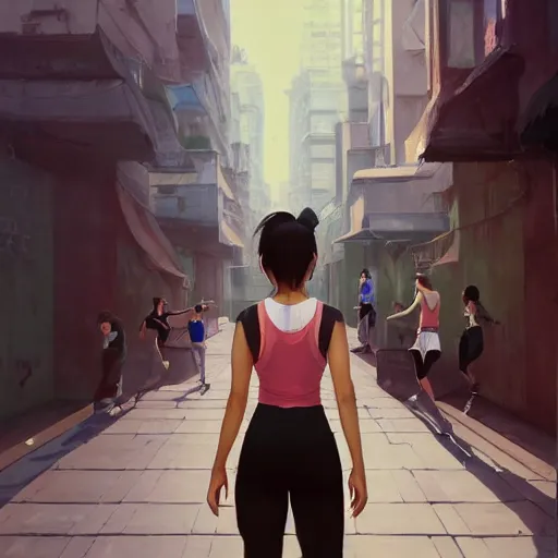 Image similar to a portrait of an asian female parkour runner with a black tank top and white running pants, city setting, vivid colors, soft lighting, atmospheric, cinematic, moody, in the style of Ilya Kuvshinov and Range Murata, Krenz Cushart, rule of thirds, oil on canvas, 8k