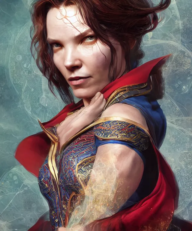 Prompt: woman doctor strange, au naturel, hyper detailed, digital art, trending in artstation, cinematic lighting, studio quality, smooth render, unreal engine 5 rendered, octane rendered, art style by klimt and nixeu and ian sprigger and wlop and krenz cushart