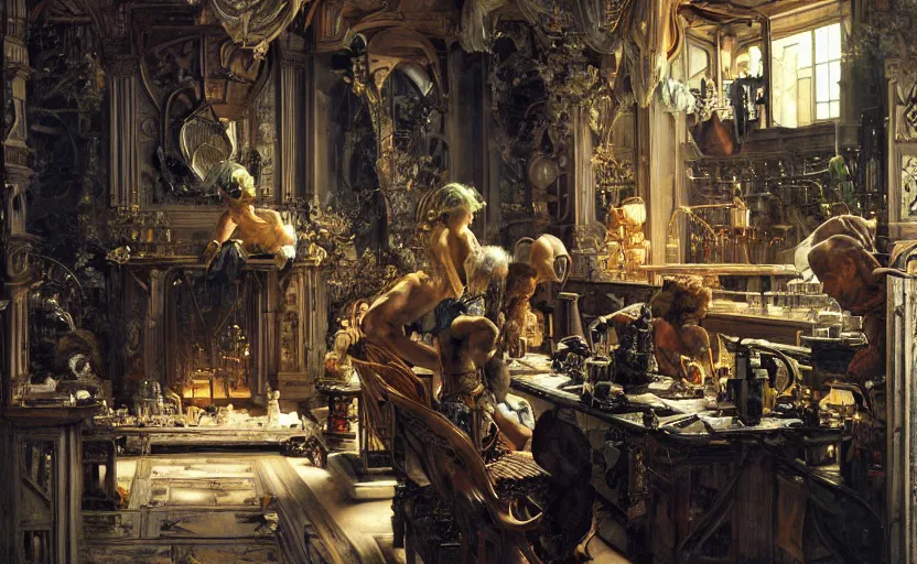 Prompt: the prompt engineer's laboratory, intricate, highly detailed, by edgar maxence and caravaggio and michael whelan and delacroix style, ambient lighting, photorealistic, extremely detailed, establishing shot, high resolution, dramatic lighting