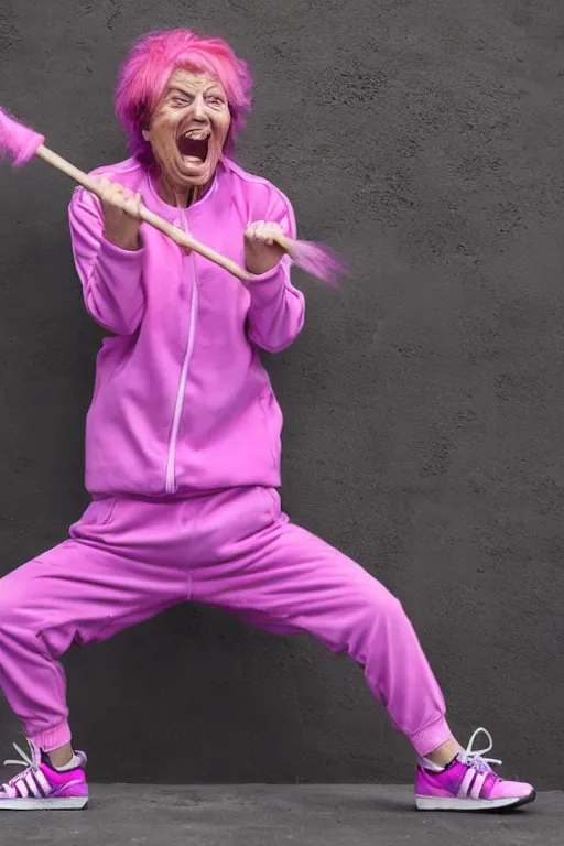 Prompt: old lady screaming and laughing, dyed hair, dressed in a pink and purple Adidas tracksuit, holding small hammers