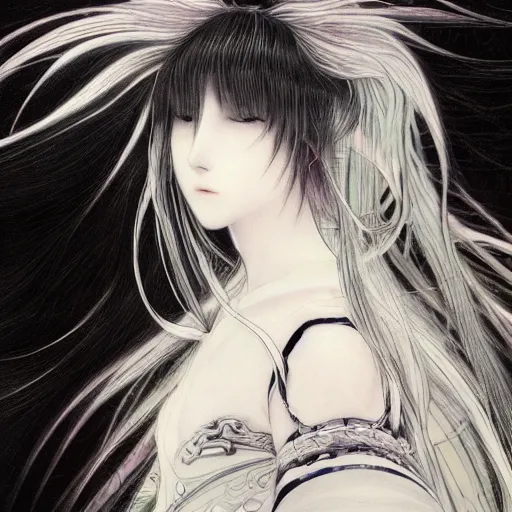 Image similar to yoshitaka amano blurred and dreamy illustration of an anime girl with black eyes, wavy white hair fluttering in the wind wearing elden ring armor and engraving, abstract black and white patterns on the background, noisy film grain effect, highly detailed, renaissance oil painting, weird portrait angle, blurred lost edges, three quarter view