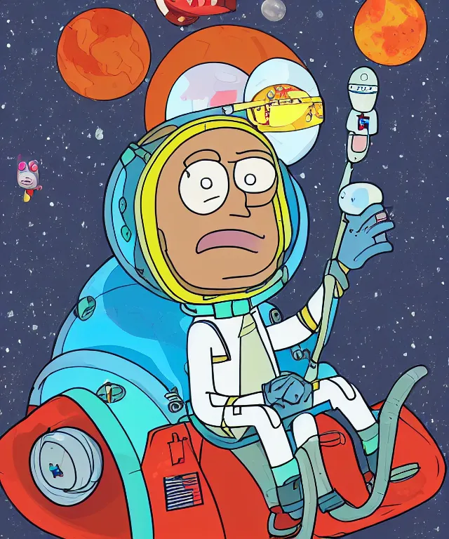 Prompt: portrait of yuri gagarin as rick from rick and morty, spacesuit with helmet, flag of ussr, vostok rocket, earth on the background, 2 d cartoon