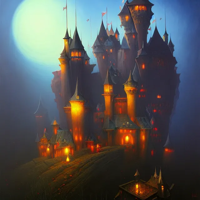 Image similar to a beautiful dark acrylic painting of a dark fantasy castle by Raja Ravi Varma and Gediminas Pranckevicius, trending on ArtStation.