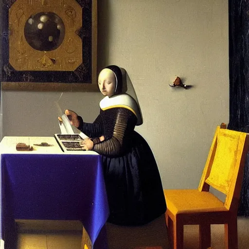 Image similar to painting of a royal female cosmonaut using a computer by Vermeer, Dutch Golden Age