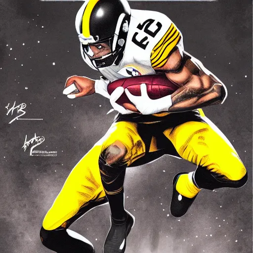 Prompt: detailed najee harris jumping over defender, steelers uniform, in the style of a marvel comic book, realistic, trending on artstation